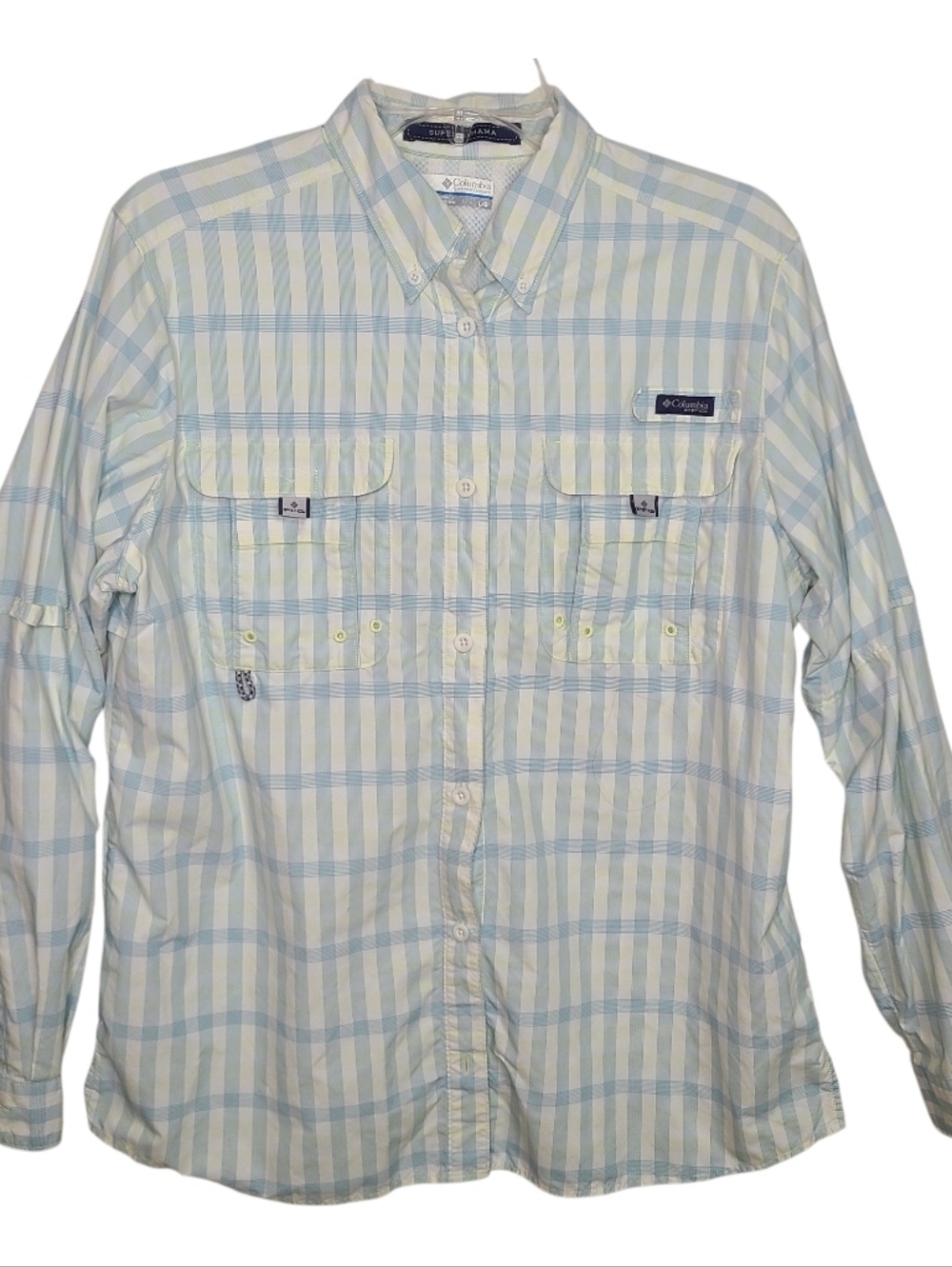 Columbia PFG Super Bahama Long Sleeve Fishing Shirt Women's L Blue Yellow Plaid